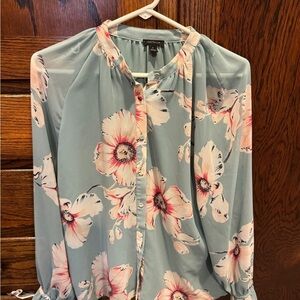 Ann Taylor Floral Button-Up Blouse - Light Blue and Pink